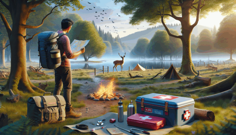 alt_text: A serene outdoor landscape with safety tips elements: map, water bottle, hiker, wildlife, campfire, first aid kit.