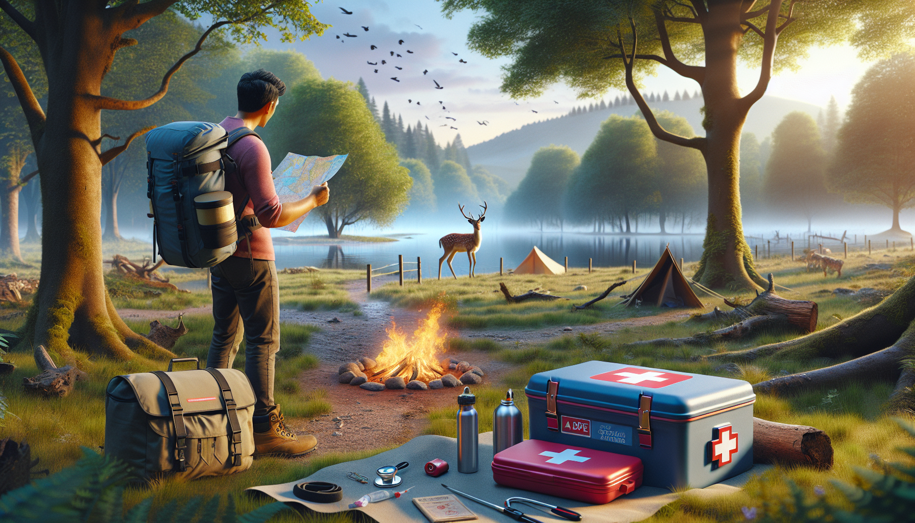 alt_text: A serene outdoor landscape with safety tips elements: map, water bottle, hiker, wildlife, campfire, first aid kit.